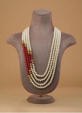 Off White And Red Four Layered Wedding Mala For Groom