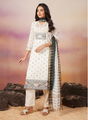 Off White Color Readymade Pant Style Suit In Chanderi