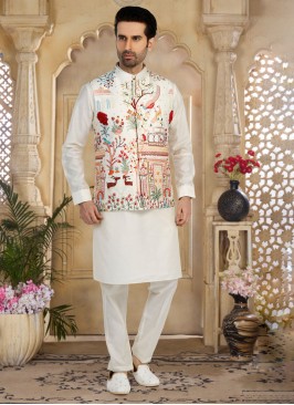 Off White Designer Motif Nehru Jacket Set