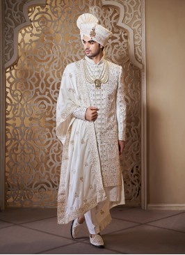 Off White Embroidered Art Silk Sherwani For Groom