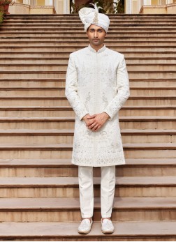 Off White Embroidered Sherwani For Wedding