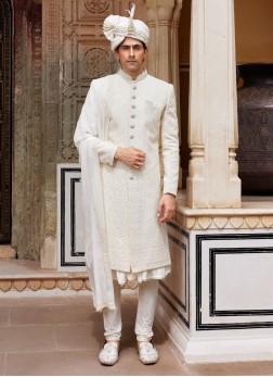 Off White Embroidered Sherwani Set For Groom