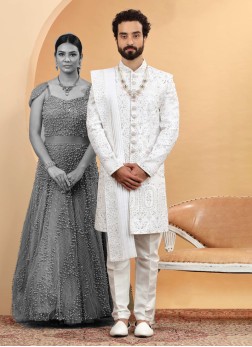 Off White Embroidered Sherwani Set In Art Silk