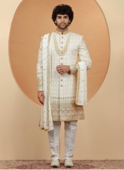 Off White Embroidered Sherwani Set With Dupatta