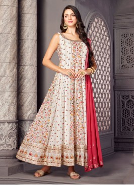 Off White Festive Georgette Anarkali Dress With Dupatta