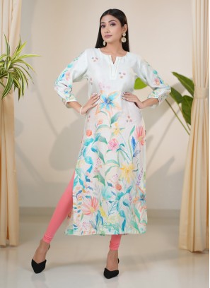 Off White Floral Printed Readymade Kurti For Women