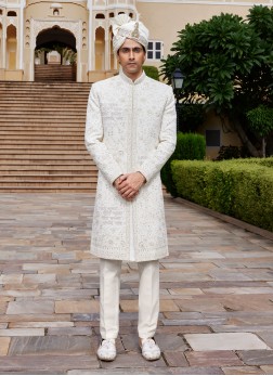 Off White Heavy Embroidered Groom Sherwani Set