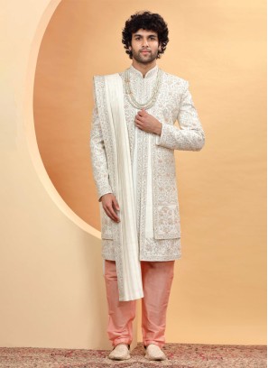 Off White Jacket Style Sherwani Set In Silk With Embroidered Detail