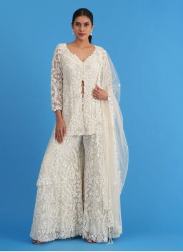 Off White Net Palazzo Set With Hand Embroidery