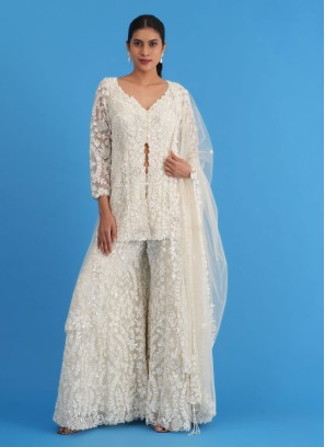 Off White Net Palazzo Set With Hand Embroidery