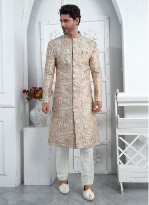 Off White Thread Embroidered Groom Sherwani Set