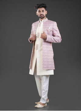 Off White Thread Embroidered Indowestern Set With Jacket