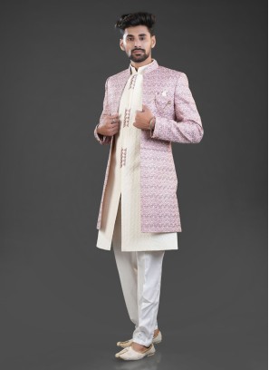 Off White Thread Embroidered Indowestern Set With Jacket