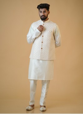 Off White Thread Embroidered Nehru Jacket Set