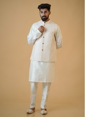 Off White Thread Embroidered Nehru Jacket Set