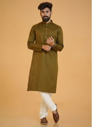 Olive Green Cotton Kurta Pajama For Men