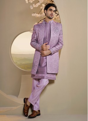 onion pink art silk jacket style indowestern set 54013