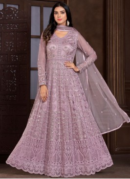 Onion Pink Embroidered Anarkali Suit In Butterfly Net With Dupatta