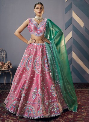 Onion Pink Embroidered Lehenga Set In Jimichoo Fabric