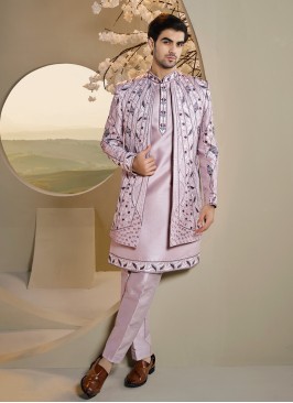 Onion Pink Embroidered Jacket Style Indowestern Set In Art Silk