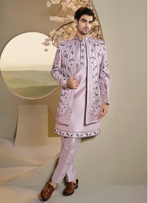 onion pink embroidered jacket style indowestern set in art silk 54011