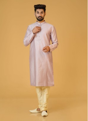 Onion Pink Zari Embellished Brocade Silk Kurta Pajama