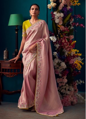 Onion Pink Weaving Embroidered Wedding Saree