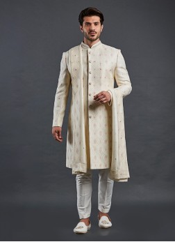 Opulent Cream Silk Embroidered Sherwani Set