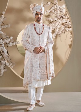 Opulent Off White Anarkali Style Art Silk Sherwani With Dupatta