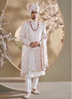 Opulent Off White Anarkali Style Art Silk Sherwani With Dupatta