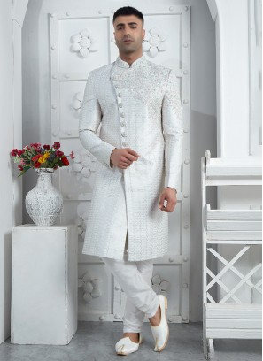 Opulent White Art Silk Sherwani Set
