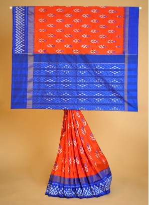 Orange And Blue Festive Patola Saree In Pure Silk