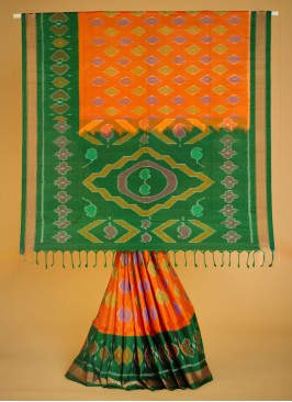 Orange And Green Patola Pure Silk Saree