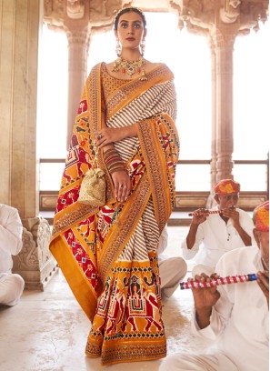 Orange And White Patola Printed Casual Wear Silk Saree