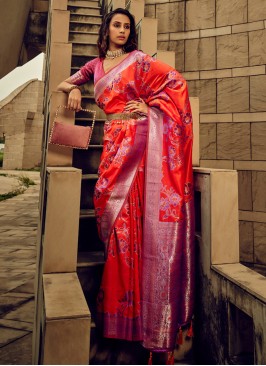 Orange Color Floral Motifs Silk Saree