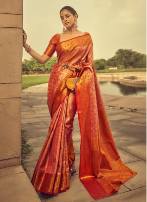 Orange Weaving Embroidered Silk Saree