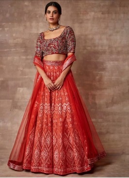 Organza Embroidered A Line Lehenga Choli In Red