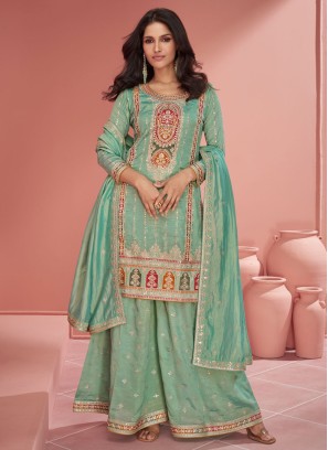 Elegant Sea Green Palazzo Set With Embroidered Work