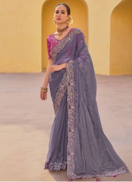 Grey Festival Wear Chiffon Silk Embroidered Saree
