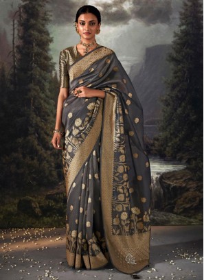 Organza Wedding Wear Saree In Dark Grey