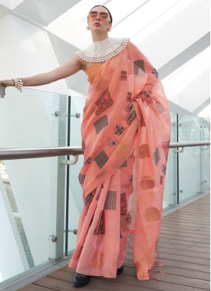 Glamorous Tissue Silk Weaving Peach Classic Saree