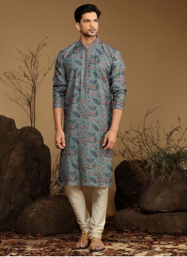 Palace Green Fancy Printed Kurta Pajama In Silk