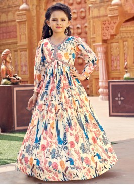 Party Wear Floral Printed Cream Designer Gown