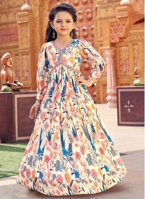 Party Wear Floral Printed Cream Designer Gown