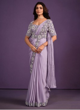 Party Wear Lavender Crepe Satin Sequins Saree