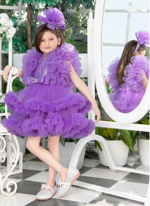 Party Wear Net Purple Layered Short Frock