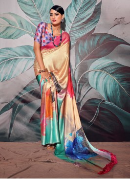 Stylish Multi Color Party Wear Satin Saree