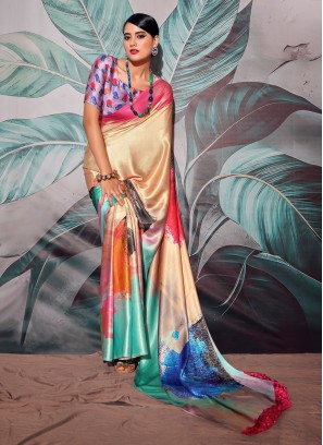 Stylish Multi Color Party Wear Satin Saree
