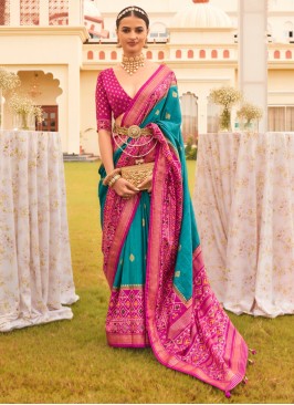 Aqua Blue & Pink Patola Printed Silk Classic Saree