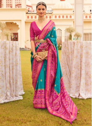 Aqua Blue & Pink Patola Printed Silk Classic Saree